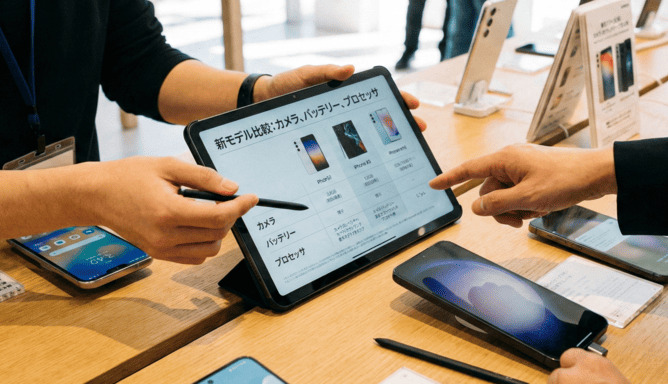 携帯電話の機種の説明をしている様子
